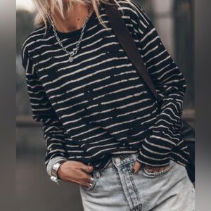 NEW Black Long Sleeve Casual Crewneck Top with White Abstract Stripes